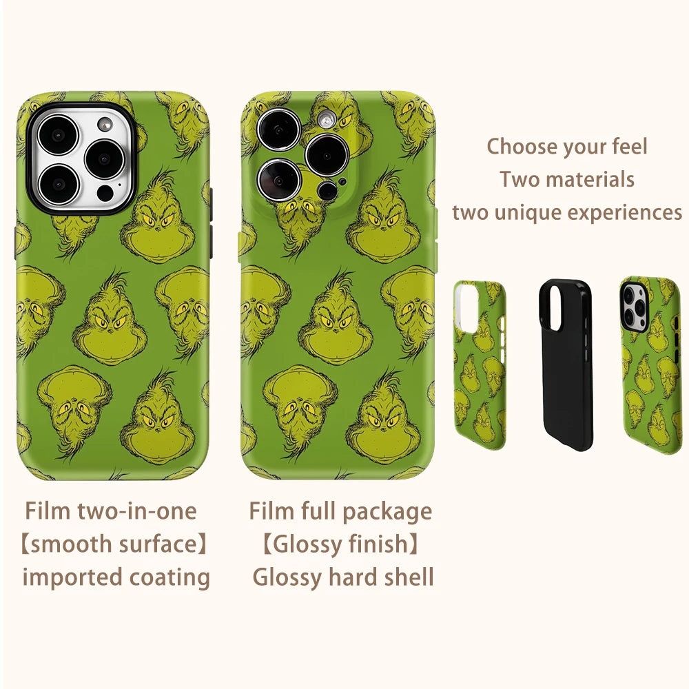 Grinch Face Phone Case – Double-Layer Protective Cover for Christmas