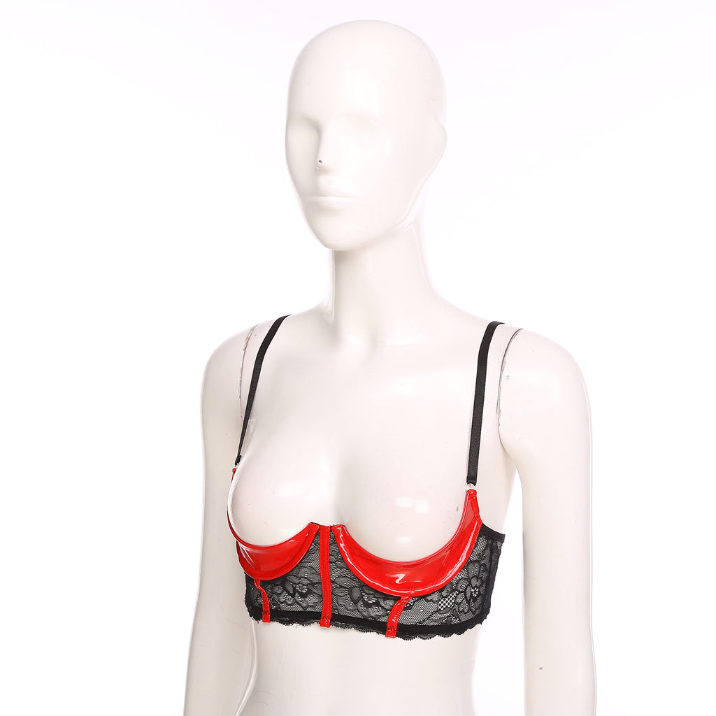 Wetlook Leather Push Up Bralette – Underwire Lace Lingerie for Sexy Cosplay