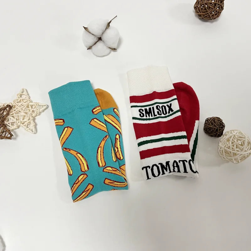 Printed Food Novelty Socks – Ketchup and Fry Mid-Calf Crew for Cosplay