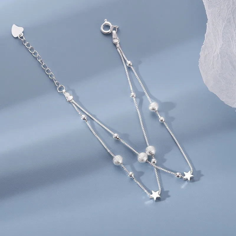 925 Sterling Silver Star Bracelet – Adjustable Double Layer for Party Jewelry