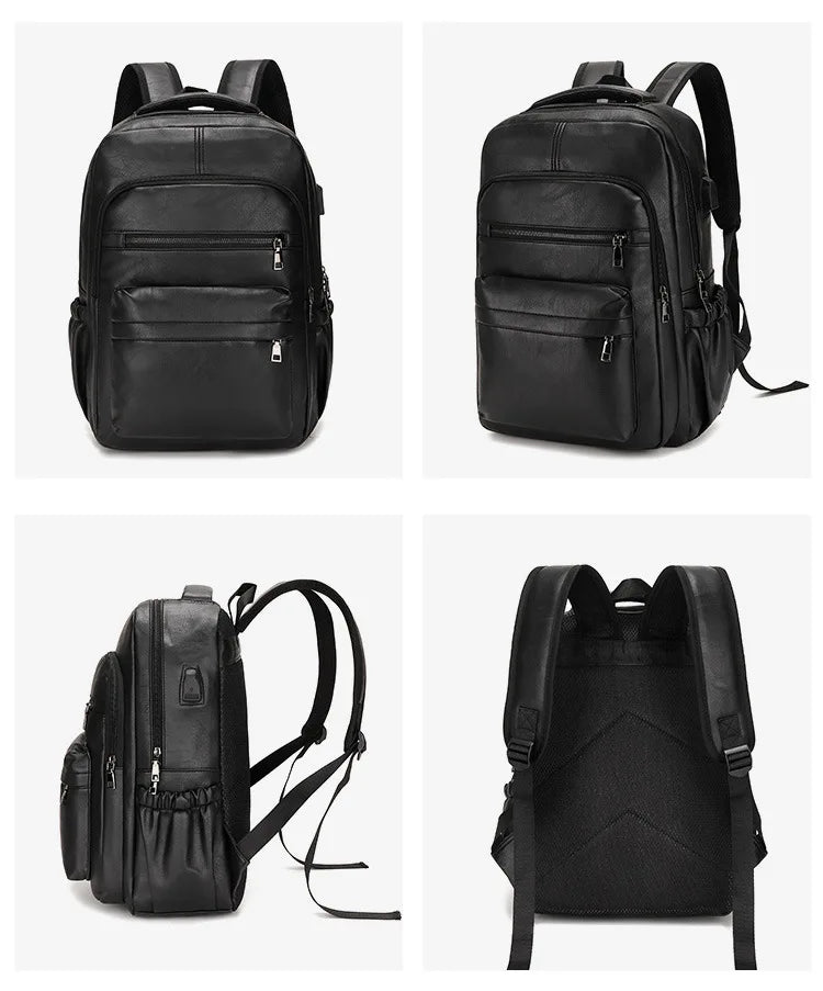 PU Leather USB Charging Laptop Backpack – Large Travel Bag for Men and Students