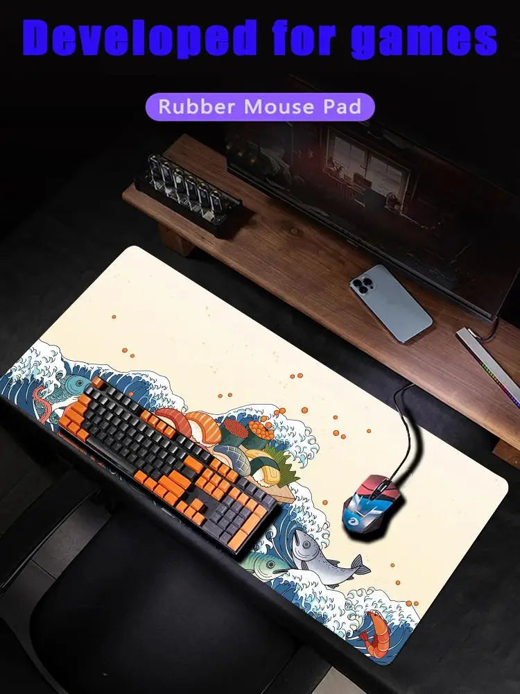 Wave and Sushi Desk Mat – Non-Slip Rubber Mouse Pad for Office and Gaming