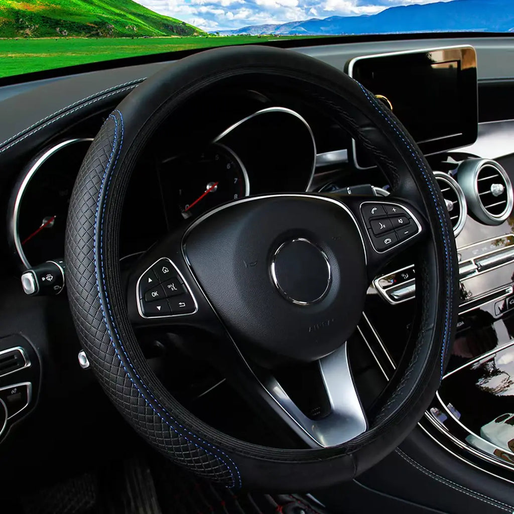 Embossed Leather Steering Wheel Cover – 15 Inch Universal Car Interior Decor