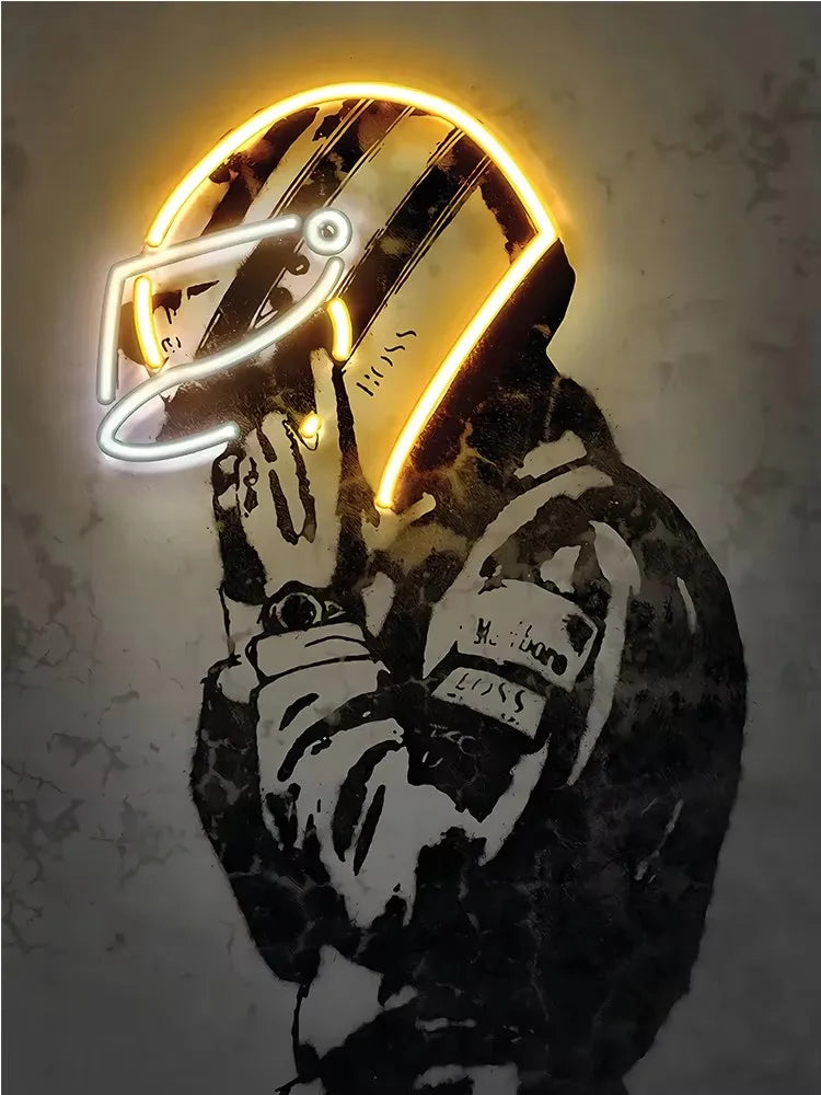 Ayrton Senna Racing Suit Wall Art – Abstract Neon Graffiti Canvas for Home Decor