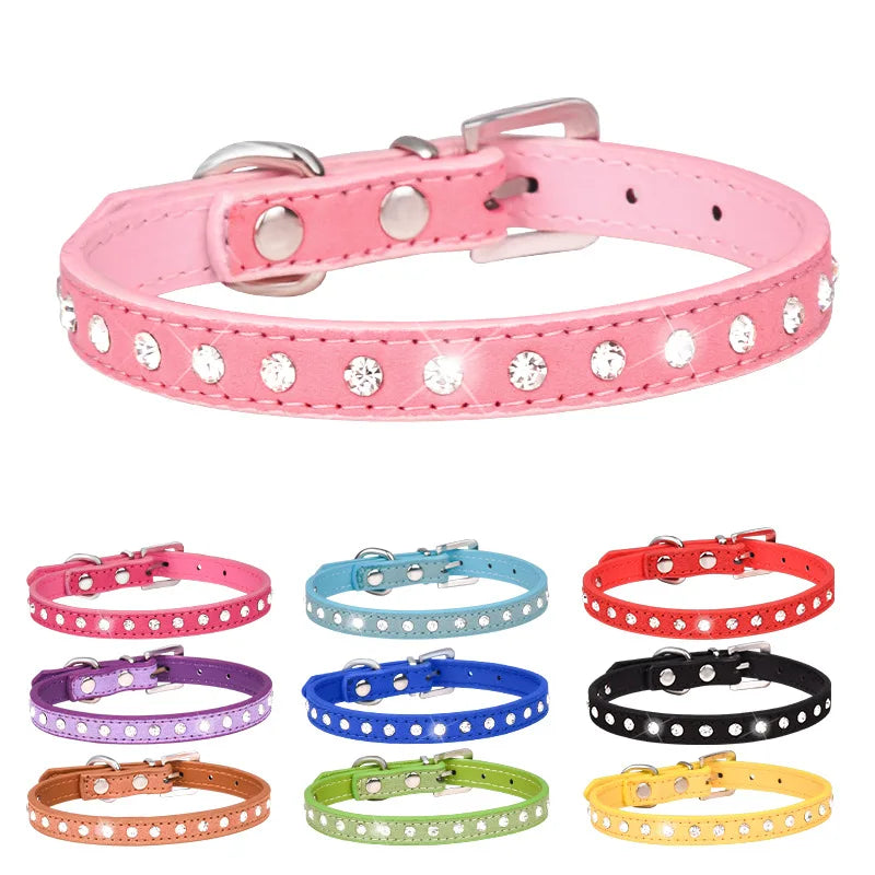 Rhinestone Leather Dog Collar – Adjustable Pet Accessory for Small and Medium Pets