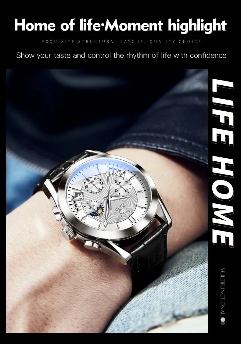 OLEVS Quartz Men's Watch – Luxury Waterproof Leather Wristwatch for Business