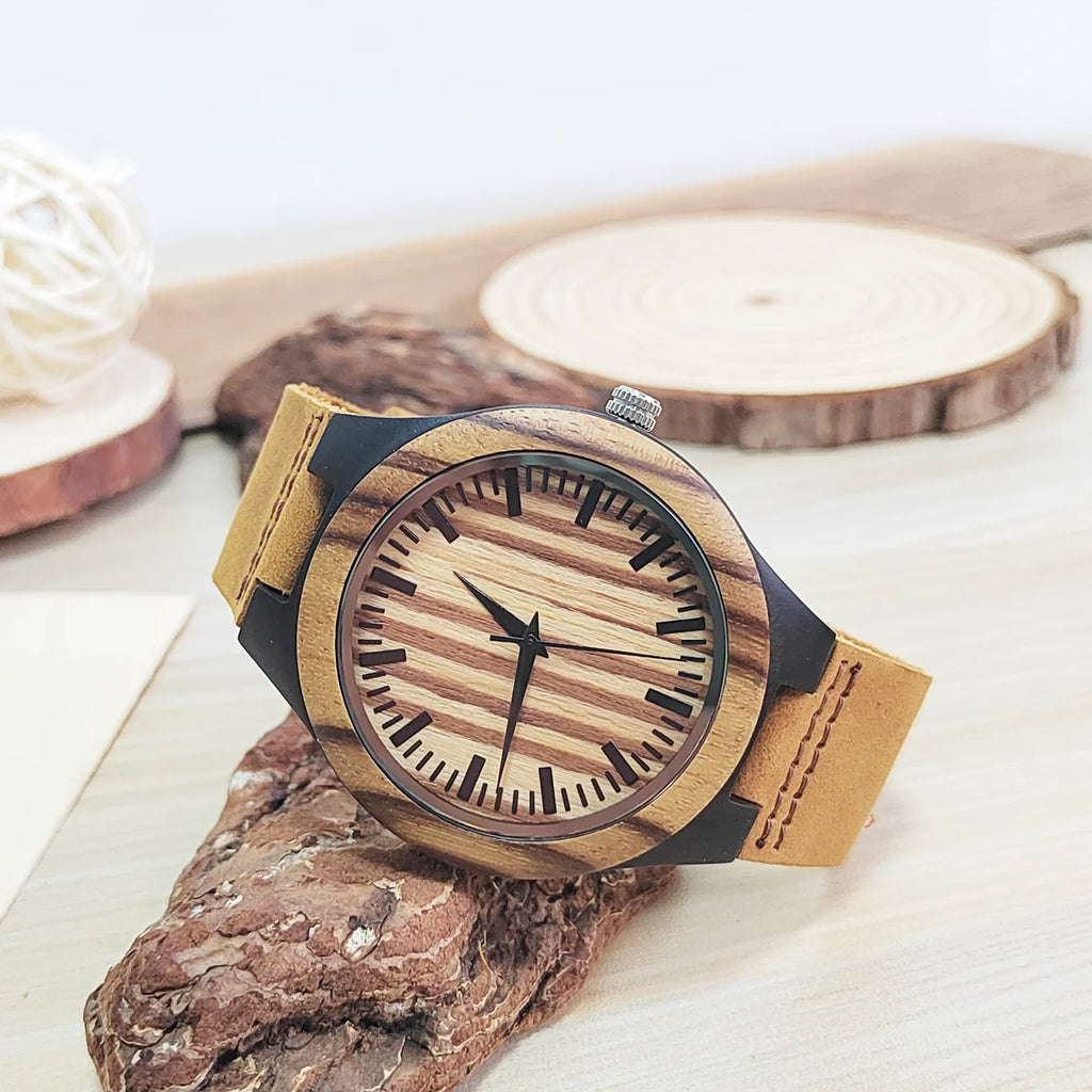 Vintage Wooden Wristwatch – Personalized Leather Strap for Birthday Gift