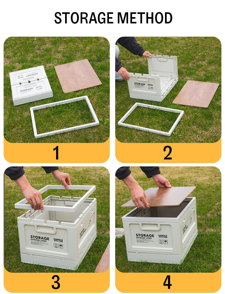 Folding Storage Box – Wooden Lid for Camping and Car Trunk Organization