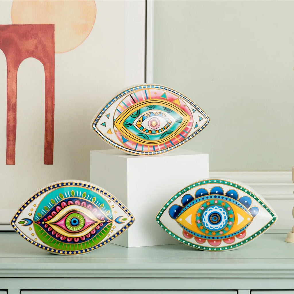 Ceramic Evil Eye Figurine – Lucky Amulet Ornament for Home Living Room Decor