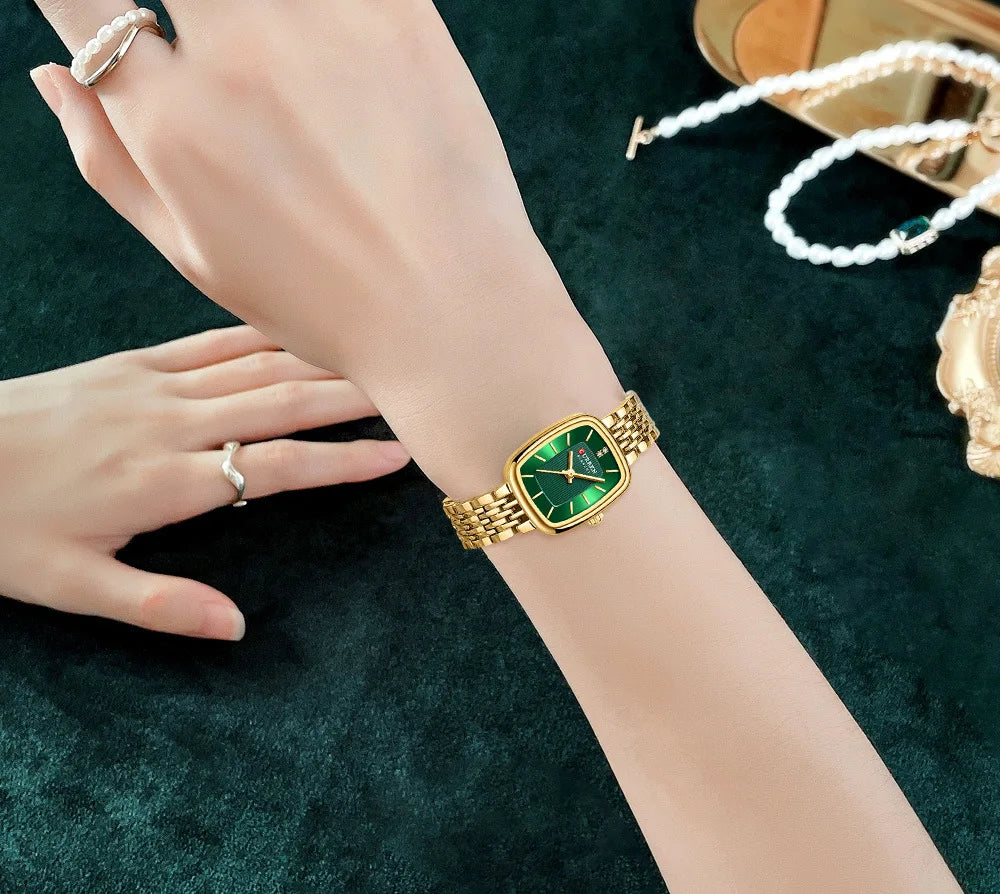Gold Stainless Steel Quartz Watch – Elegant Square Dial for Business Fashion
