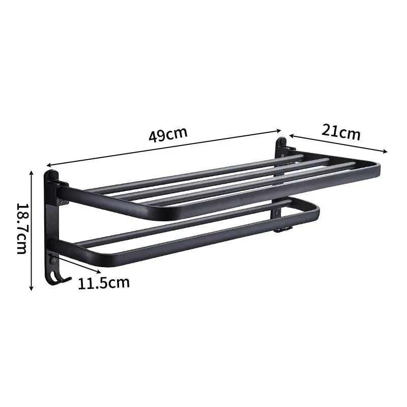Matte Black Aluminum Towel Rack – 50cm Wall Mounted Holder with Hook