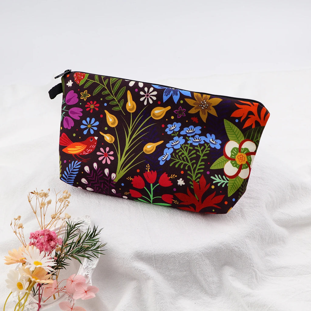 Floral Zipper Makeup Bag – Portable Travel Cosmetic Organizer for Women