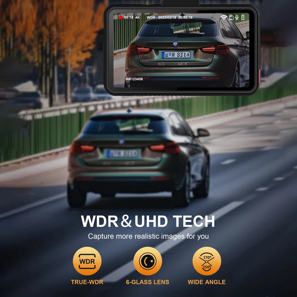 4K Dash Cam – Front and Rear WiFi Video Recorder for Vehicle Parking Safety