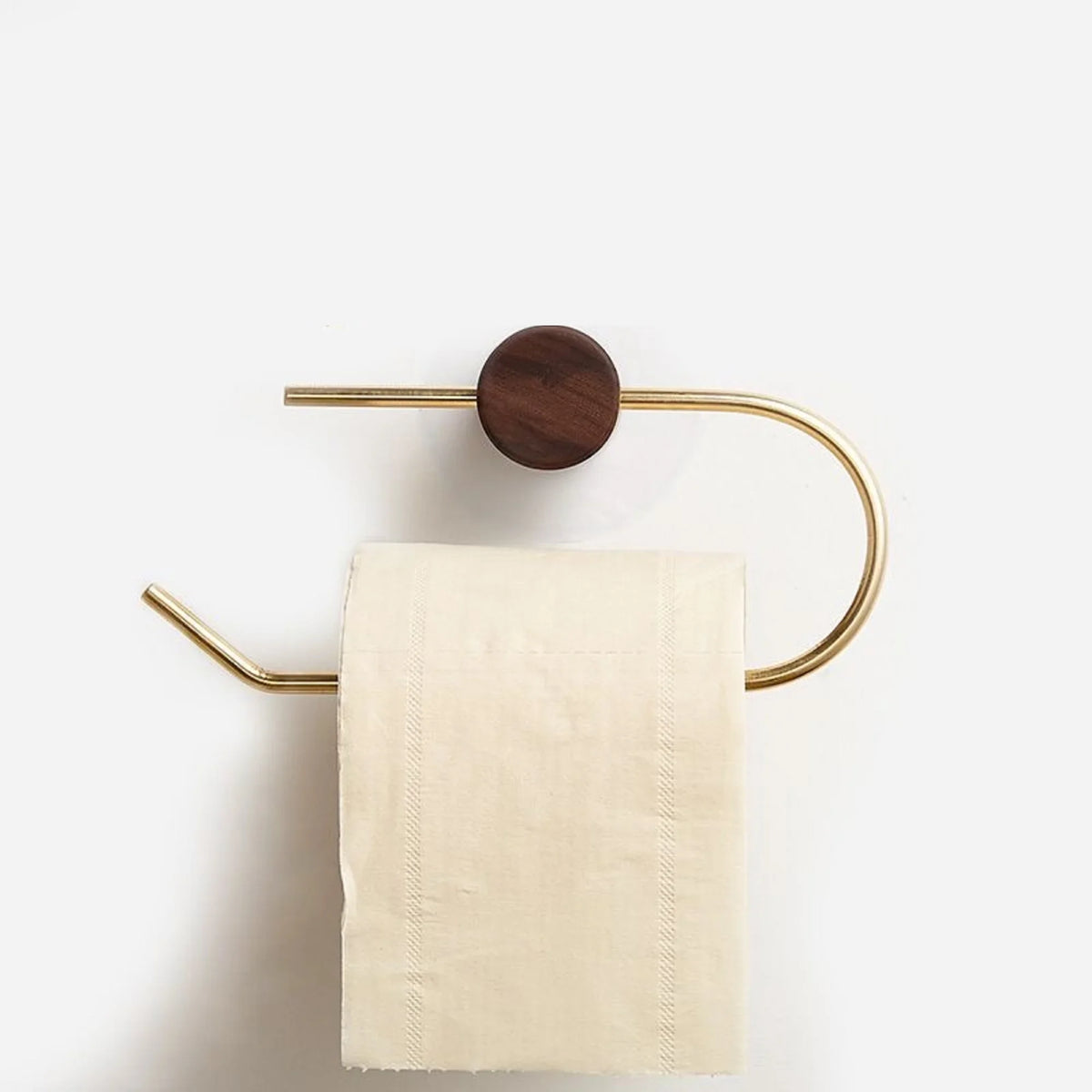 Self-Adhesive Brass Toilet Paper Holder – Wall Mounted Wood Tissue Rack for Bathroom