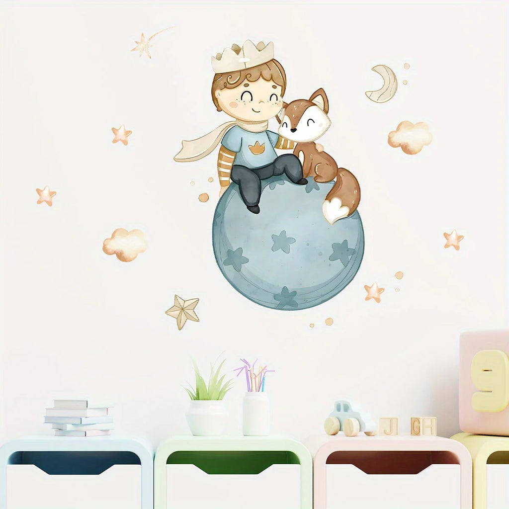 Cute Prince Fox Wall Decals – Cartoon Balloon Star Decor for Nursery Bedroom