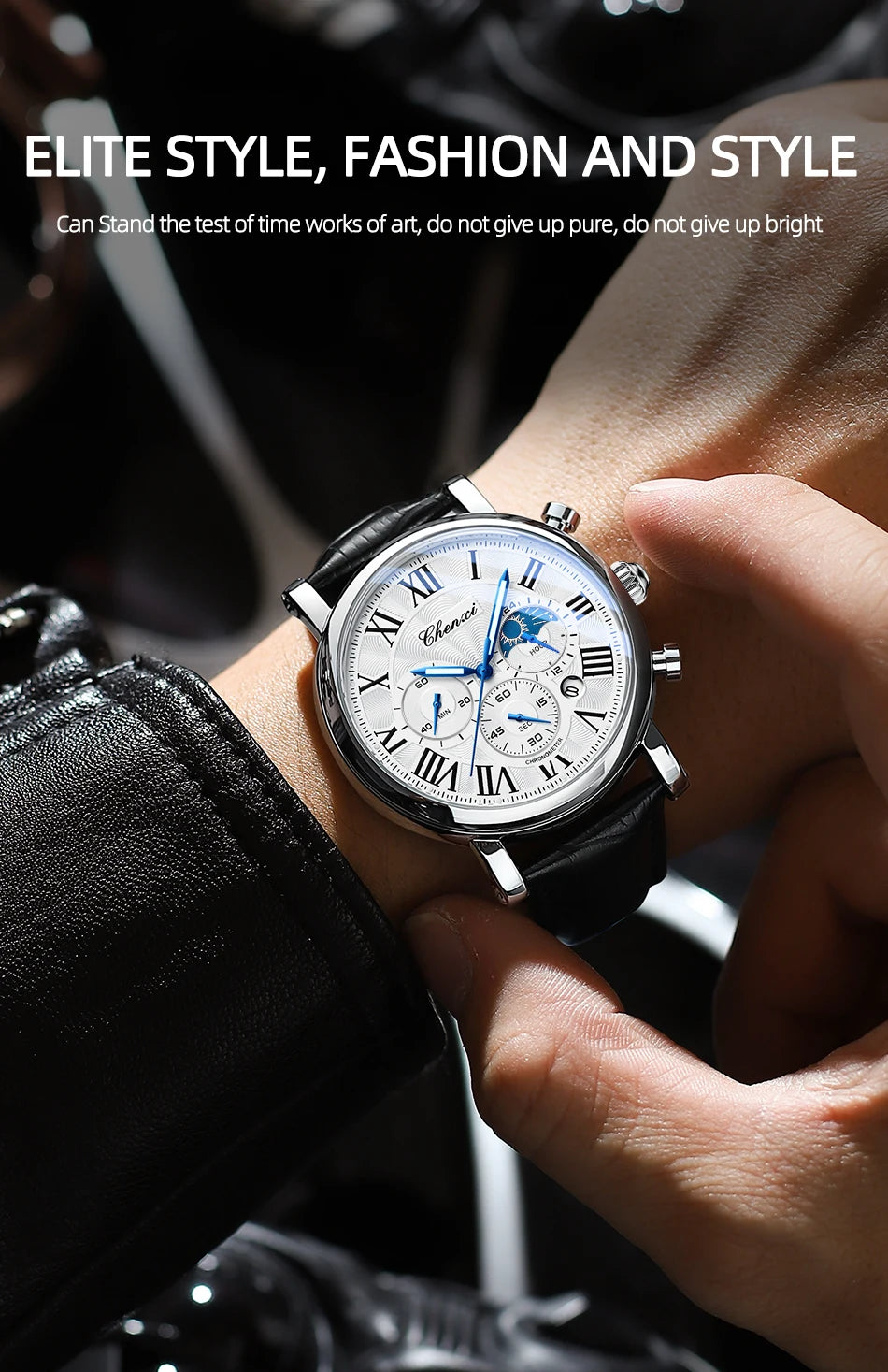 Leather Quartz Chronograph Watch – Men's Moon Phase Business Wristwatch