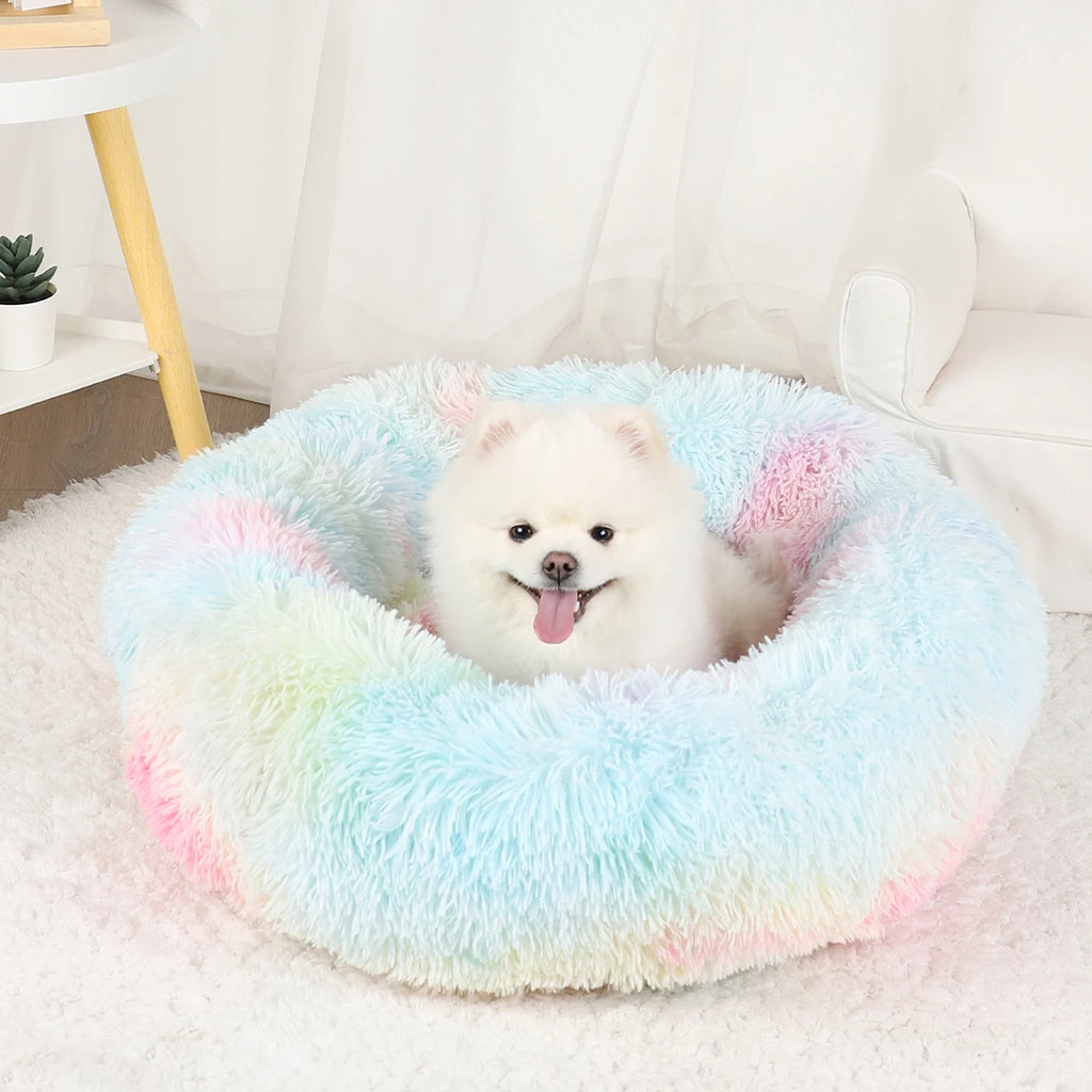 Plush Donut Dog Bed – Large Round Fluffy Kennel for Winter Pet Comfort