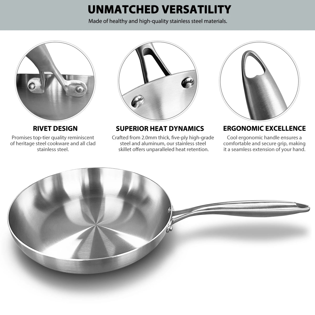 Stainless Steel Frying Pan – Nonstick Uncoated Cookware for Kitchen Stoves