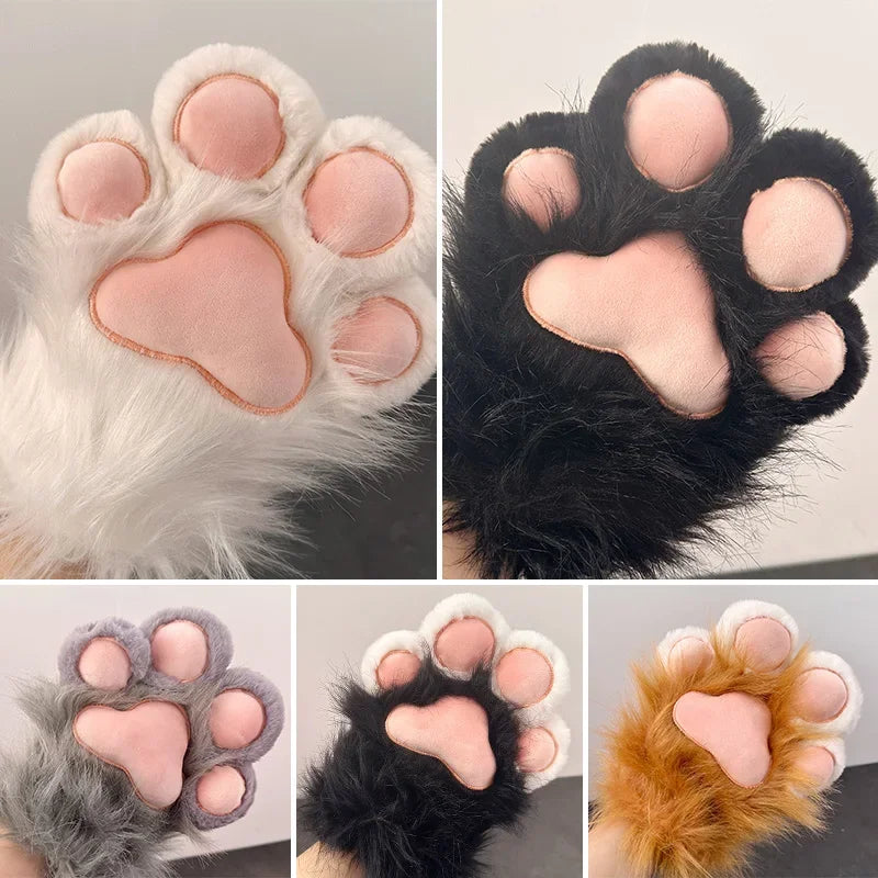 Fuzzy cat paw gloves in various colors displayed on a neutral background