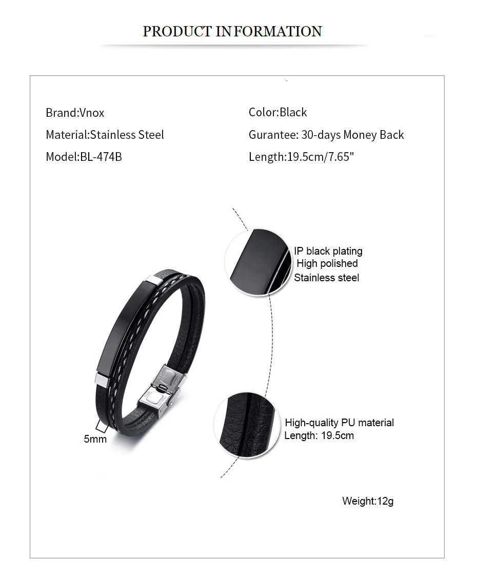Genuine Leather Bar Bracelet – Stainless Steel Layered Bangle for Men Women