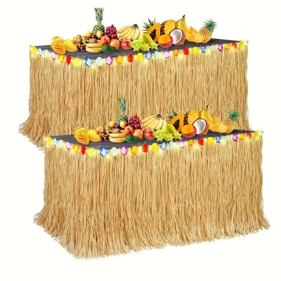 Tropical Hawaiian Table Skirt – Reusable Grass Fringe for Luau Party Decor