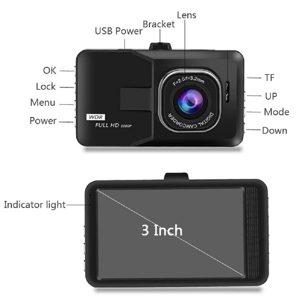 Dual Channel Dash Camera – Full HD 1080P Night Vision for Vehicle Security
