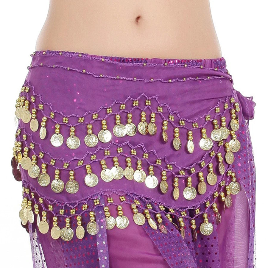 Purple belly dance hip scarf with gold coins and sequin accents