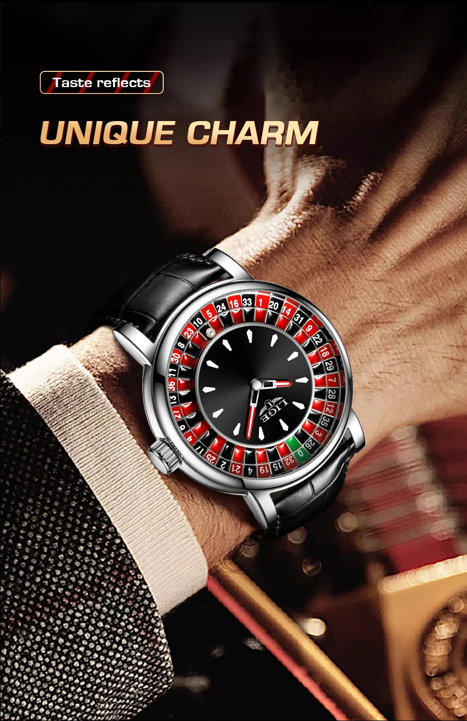 LIGE Roulette Quartz Watch – Luxury Leather Wristwatch for Men Gifts