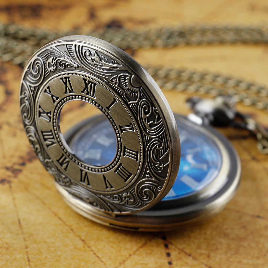 Antique Blue Dial Pocket Watch – Vintage Pendant Necklace for Holiday Gift