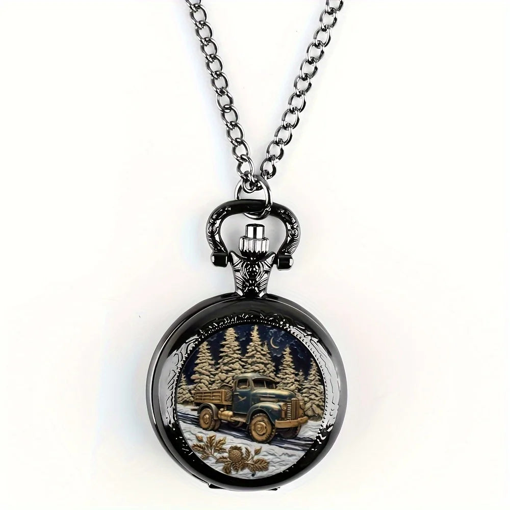 Forest Truck Quartz Pocket Watch – Vintage Necklace for Men Women and Kids