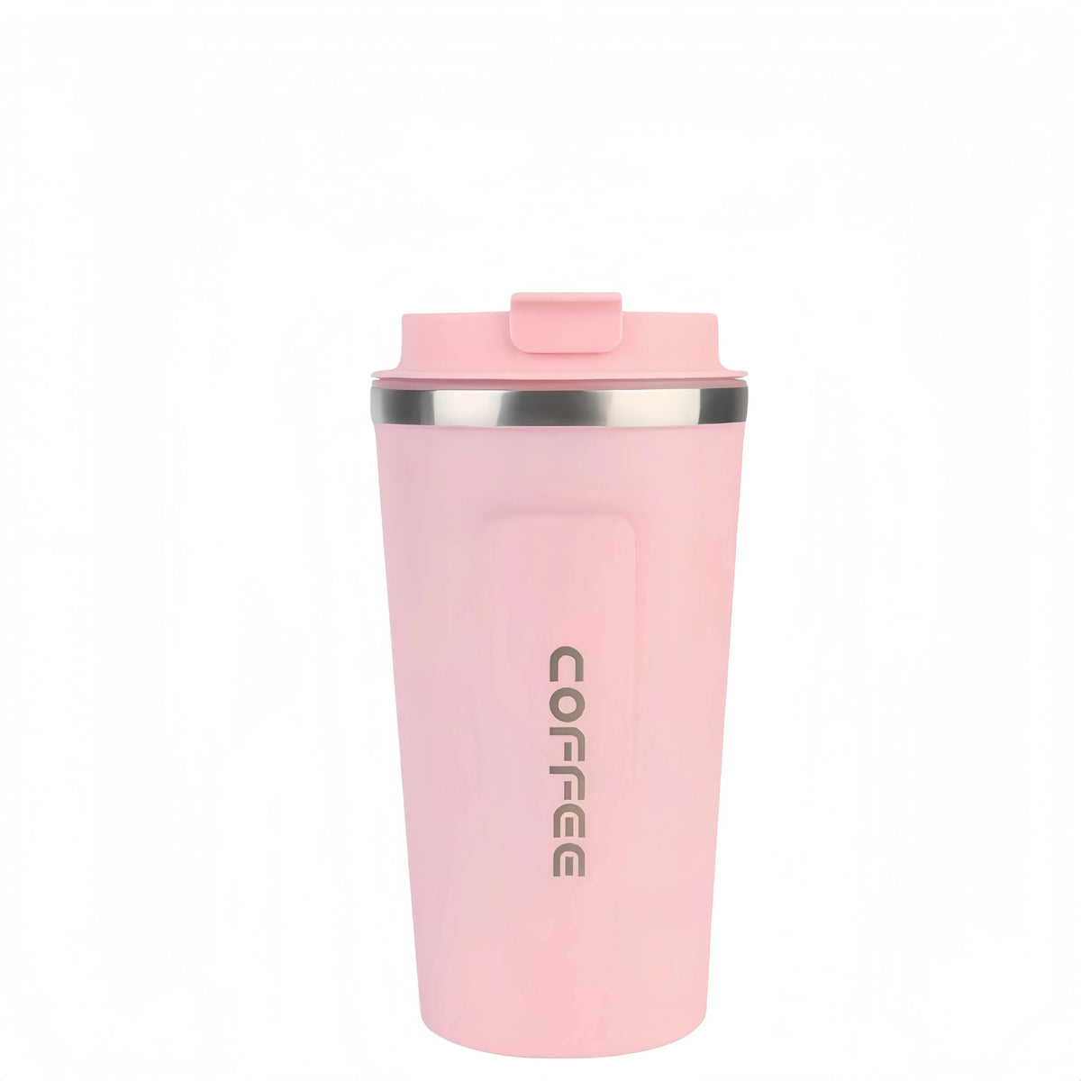 Pink insulated coffee tumbler with lid and silver trim on a white background