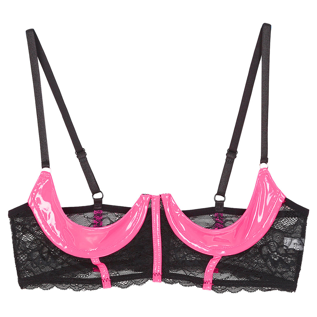 Wetlook Leather Push Up Bralette – Underwire Lace Lingerie for Sexy Cosplay