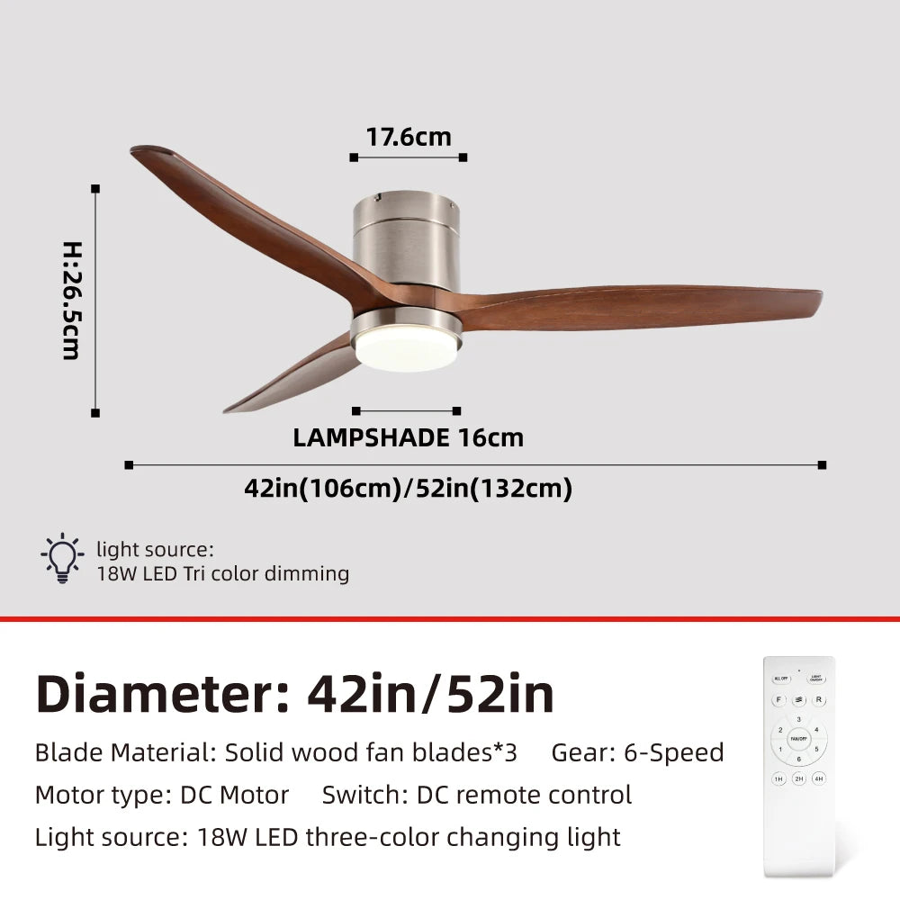 Solid Wood Ceiling Fan – 42/52 Inch LED Light for Living Room Dining