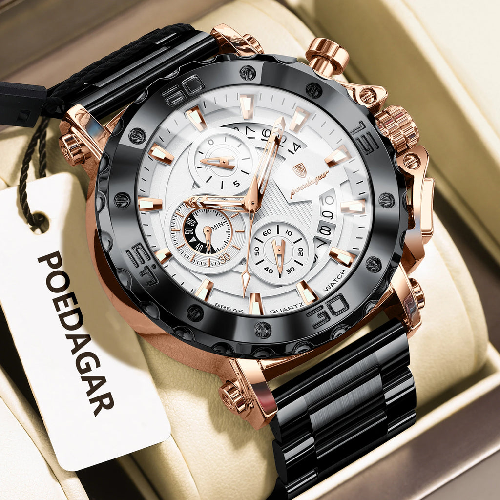 Stainless Steel Chronograph Watch – Luminous Waterproof Quartz for Men