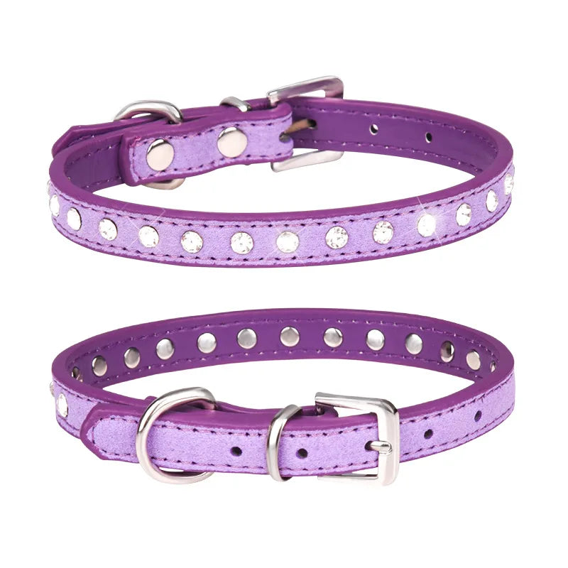 Rhinestone Leather Dog Collar – Adjustable Pet Accessory for Small and Medium Pets