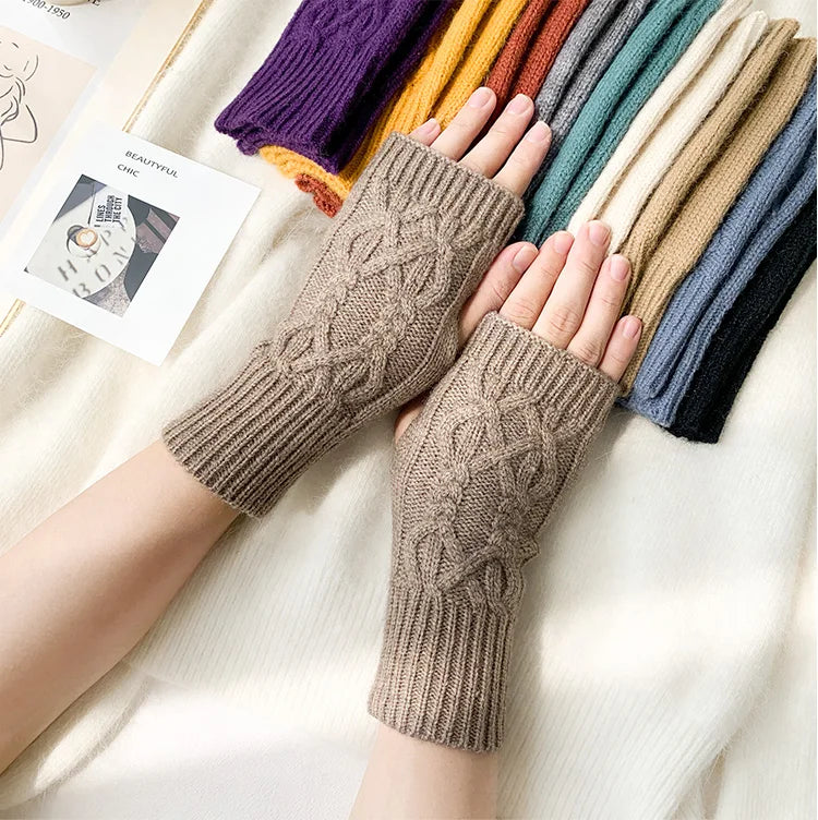 Soft Wool Half Finger Gloves – Warm Knit Arm Mittens for Winter Outdoor