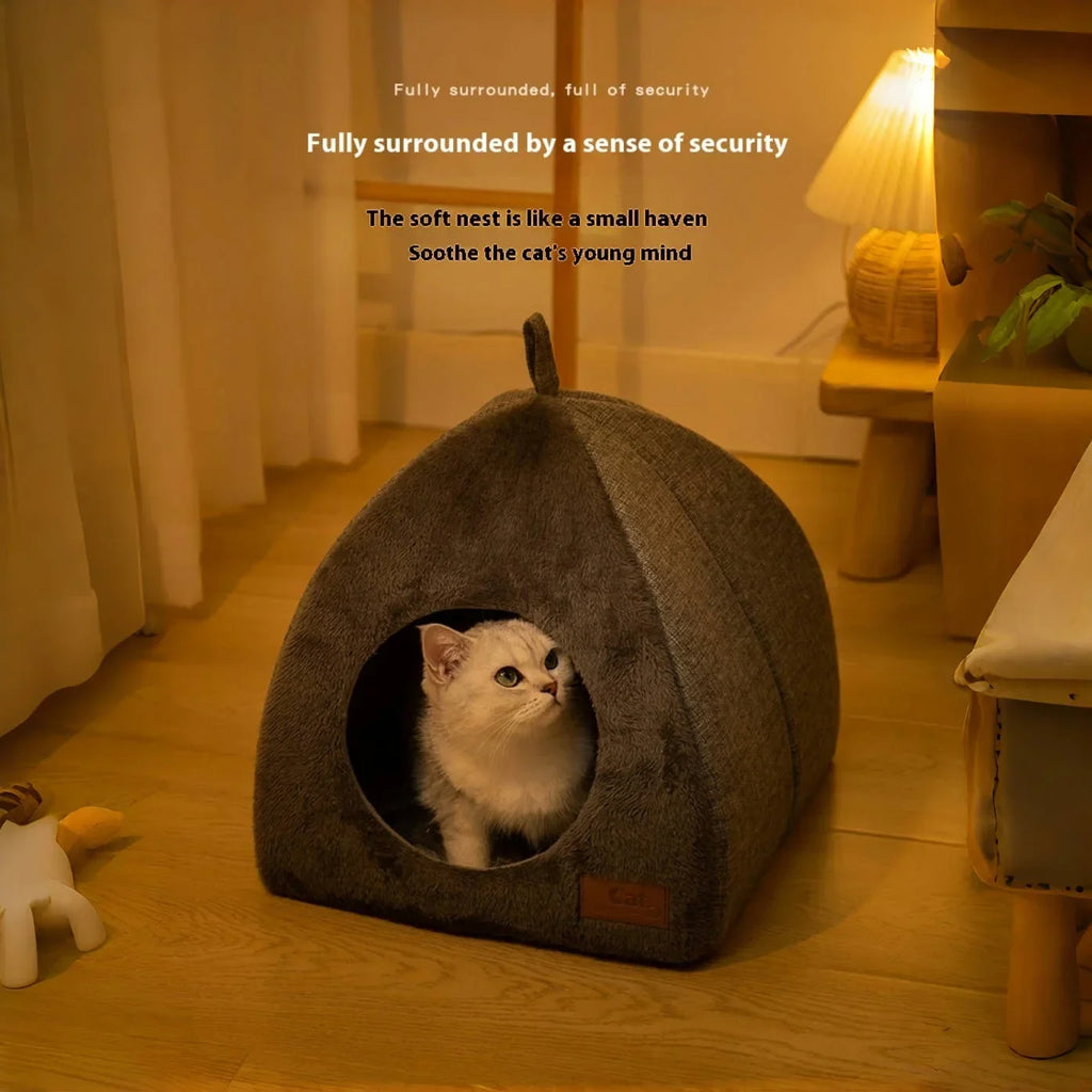 Enclosed Triangle Cat Bed – Warm Plush House for Indoor Winter Sleep