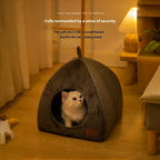Enclosed Triangle Cat Bed – Warm Plush House for Indoor Winter Sleep