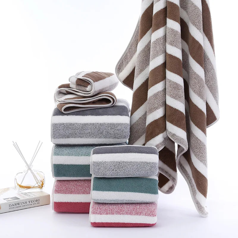 Striped Cotton Towel Set – Absorbent Quick-Dry Fabric for Bathroom Decor