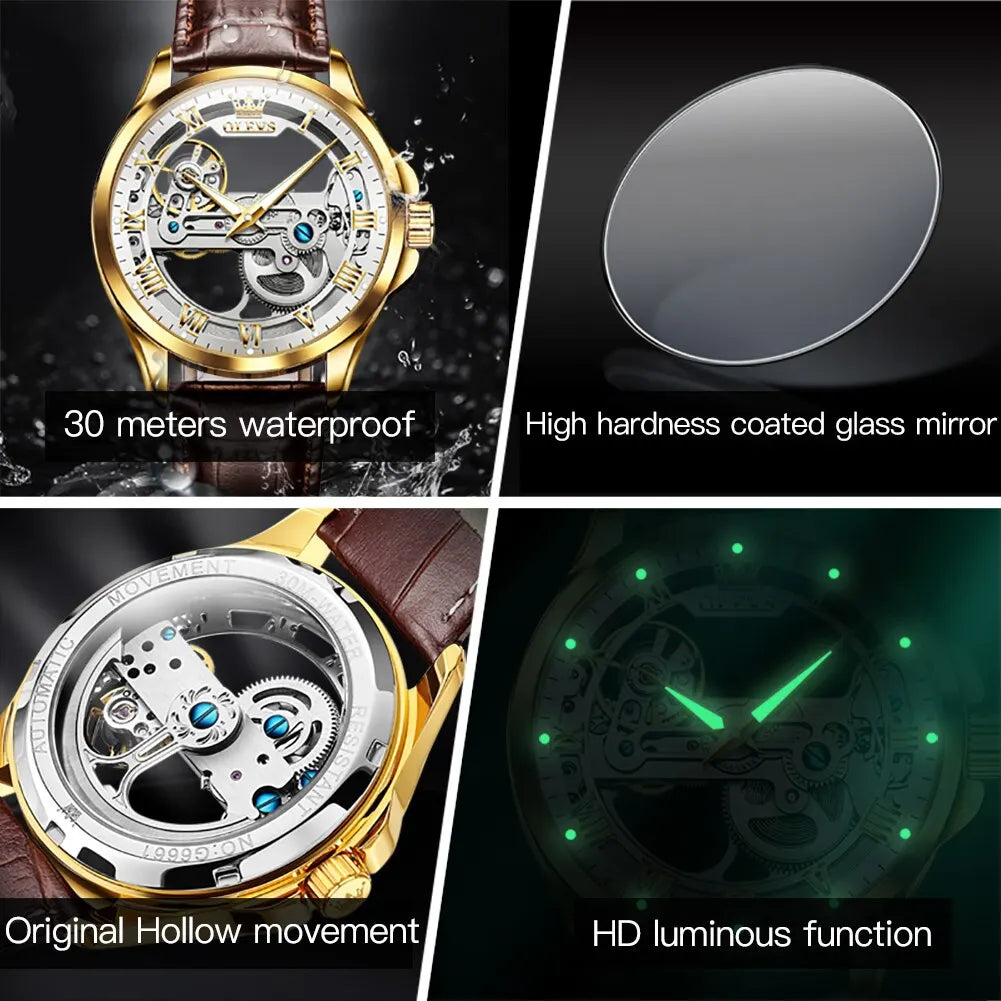 Automatic Skeleton Mechanical Watch – Leather Strap for Luxury Mens Formal Wear