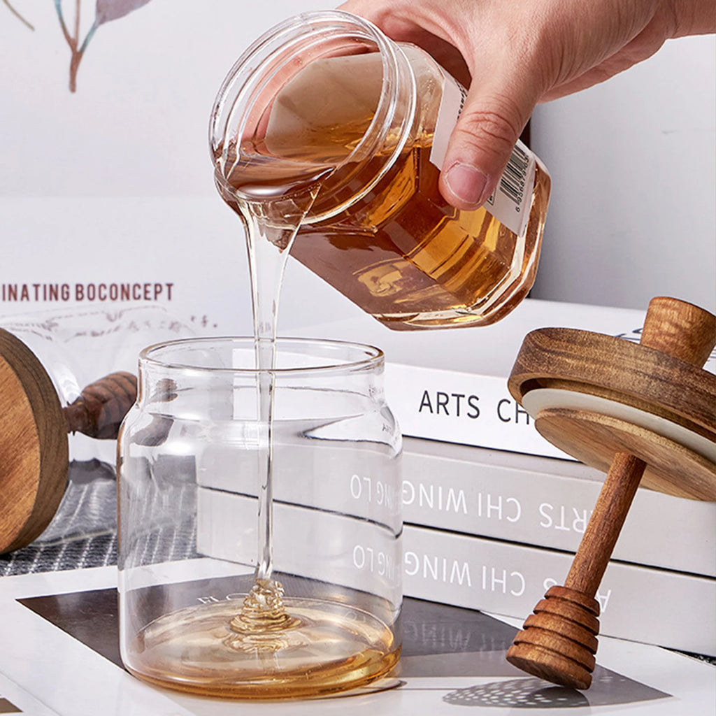 Glass Honey Dispenser – Wide Mouth Jar with Dipper for Syrup Storage