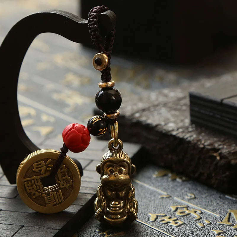 Brass Monkey Key Ring – Feng Shui Lucky Coin Charm for Car Keychain Decor