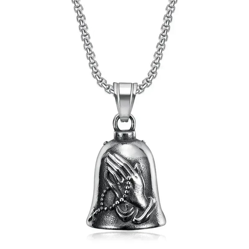 Vintage Jesus Cross Bell Pendant – Religious Biker Necklace for Men