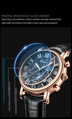 Leather Quartz Chronograph Watch – Men's Moon Phase Business Wristwatch