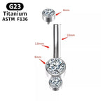 Titanium G23 belly button ring with clear crystals, labeled sizes 4mm, 6mm, 10mm, 1.6mm.