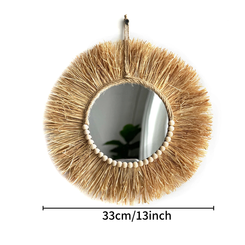 Raffia Wall Mirror – Boho Wood Bead Decor for Farmhouse Nursery