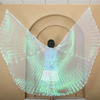 Woman wearing iridescent pleated costume wings indoors, back view