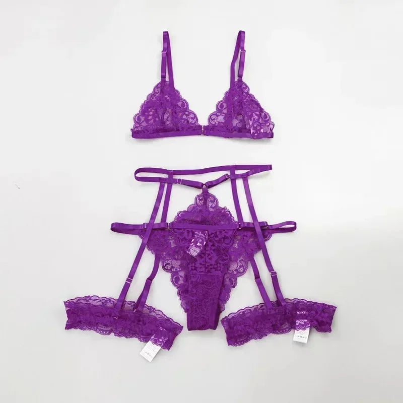 Transparent Lace Lingerie Set – Sexy 3 Piece Sleepwear for Women