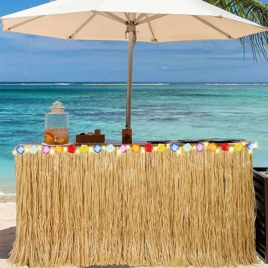 Tropical Hawaiian Table Skirt – Reusable Grass Fringe for Luau Party Decor