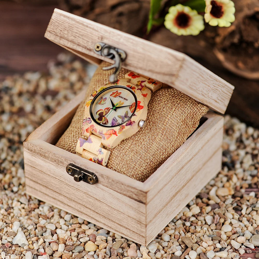 BOBO BIRD Wooden Women's Watch – Floral Engraved Handmade Quartz Wristwatch